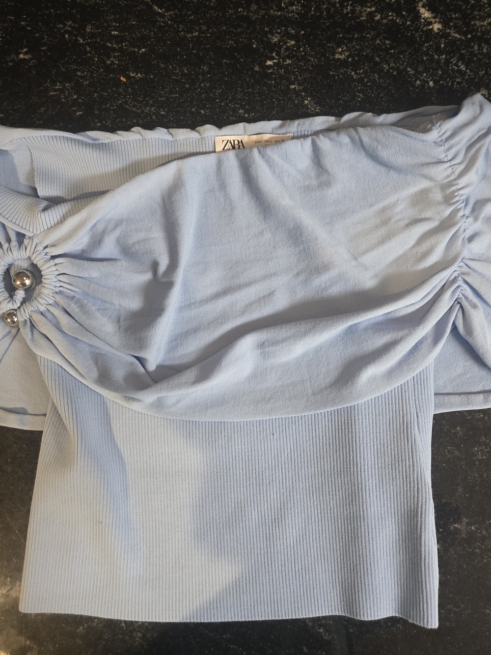 ZARA Light Blue Off-Shoulder Ruched Knit Top